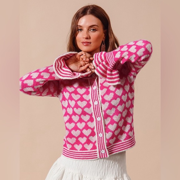 Pink heart button intarsia bohemian valentine ruffle sleeve cardigan sweater - Picture 6 of 9